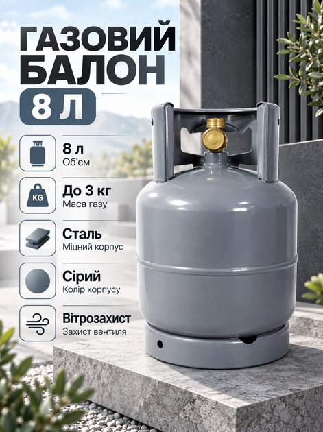 Газовый баллон металлический 8 л стальной баллон до 3 кг газа с ветрозащитой серый газовый баллон для плиты горелки обогревателя кемпинга дачи туристического оборудования - Фото 1 Газовый баллон металлический 8 л стальной баллон до 3 кг газа с ветрозащитой серый газовый баллон для плиты горелки обогревателя кемпинга дачи туристического оборудования - изображение 1