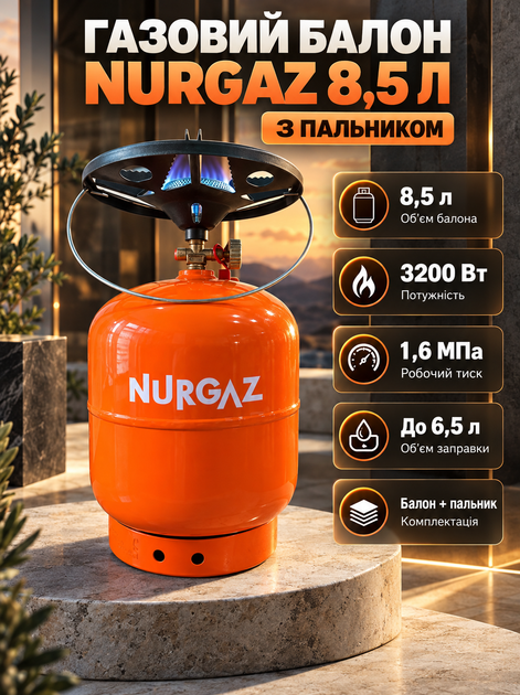 Газовий кемпінговий балон NURGAZ 8,5 л з пальником туристичний газовий балон 3200 Вт робочий тиск 1,6 МПа заправка до 6,5 л комплект для приготування їжі кемпінгу риболовлі дачі помаранчевий - Фото 1 Газовий кемпінговий балон NURGAZ 8,5 л з пальником туристичний газовий балон 3200 Вт робочий тиск 1,6 МПа заправка до 6,5 л комплект для приготування їжі кемпінгу риболовлі дачі помаранчевий - зображення 1