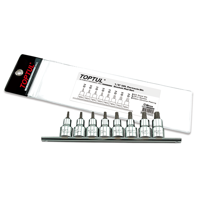 Набор бит пятигранных впрессованных в головку 1/2" TORX T20-T55 с отверстием 8ед. TOPTUL GAAG0806 - Фото 1 Набор бит пятигранных впрессованных в головку 1/2" TORX T20-T55 с отверстием 8ед. TOPTUL GAAG0806 - изображение 1