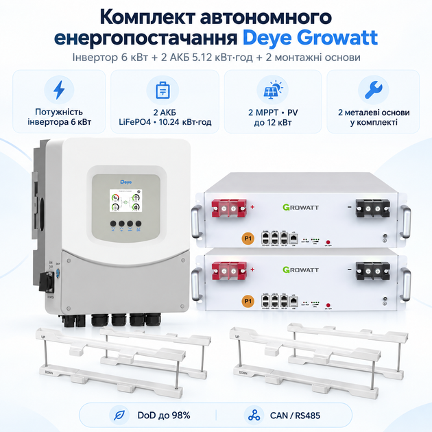 Комплект автономного енергопостачання Deye 6 кВт SUN-6K-SG06LP1-EU-BM2 + Growatt HOPE 5.0L-B1 2 шт 5.12 кВт·год - Фото 1 Комплект автономного енергопостачання Deye 6 кВт SUN-6K-SG06LP1-EU-BM2 + Growatt HOPE 5.0L-B1 2 шт 5.12 кВт·год - зображення 1