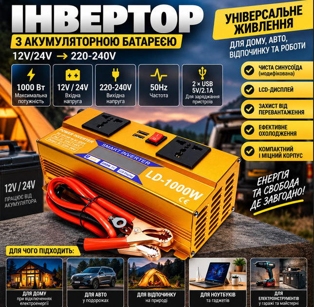 Інвертор з акумуляторною батареєю 1000т 12V/24V + LCD, золотий - изображение 3
