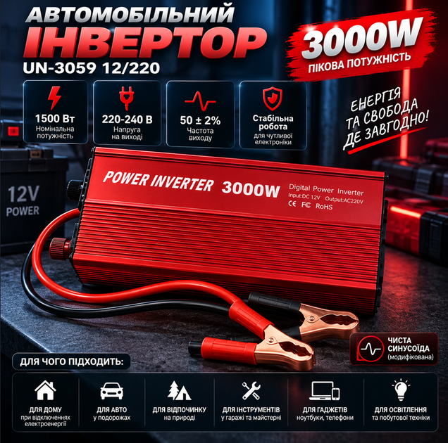Автомобільний перетворювач напруги UN-3059 12/220 3000W - зображення 2