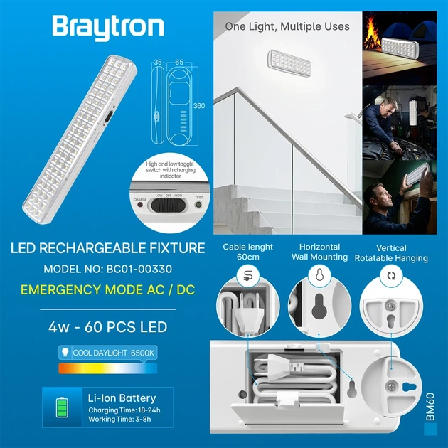 Акумуляторний LED світильник Braytron BRY-BM60-60LED-6500K-WHT білий - изображение 3