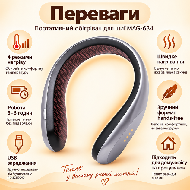 Портативный обогреватель для шеи MAG-634, Беспроводной обогреватель с 4 режимами, USB-зарядка, Handy Heater - изображение 2