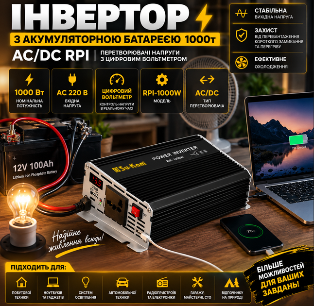 Інвертор з акумуляторною батареєю 1000т AC/DC RPI з цифровим вольтметром - Фото 8 Інвертор з акумуляторною батареєю 1000т AC/DC RPI з цифровим вольтметром - зображення 8