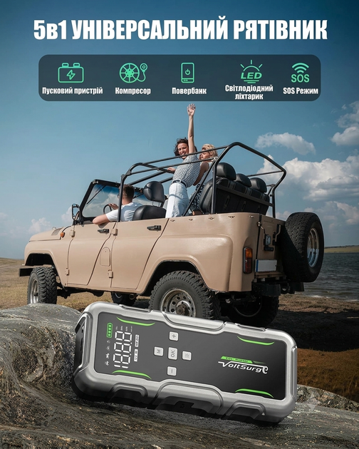 Пусковой стартер VoltSurge 8000 А с компрессором 160 PSI, аккумуляторный джамп-стартер 12 В для бензиновых и дизельных автомобилей, автоматический насос для шин, LCD-дисплей, LED-фонарь - изображение 6
