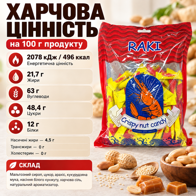Карамельні цукерки РАКІ 1 кг з арахісом горіхові солодощі з білим кунжутом карамель з насиченим смаком щільні цукерки для перекусу та частування - Фото 3 Карамельні цукерки РАКІ 1 кг з арахісом горіхові солодощі з білим кунжутом карамель з насиченим смаком щільні цукерки для перекусу та частування - зображення 3