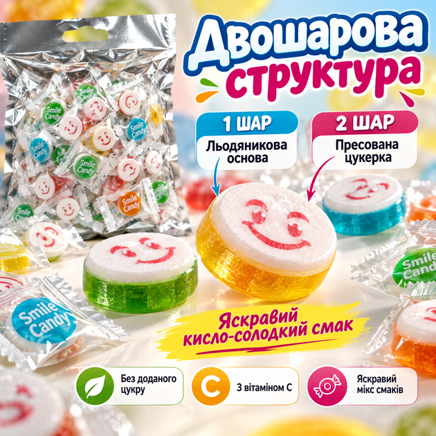 Цукерки без цукру 500 г смайлик з вітаміном С кисло-солодкі льодяники двошарові солодощі мікс смаків кавун полуниця лимон манго власного виробництва - зображення 2