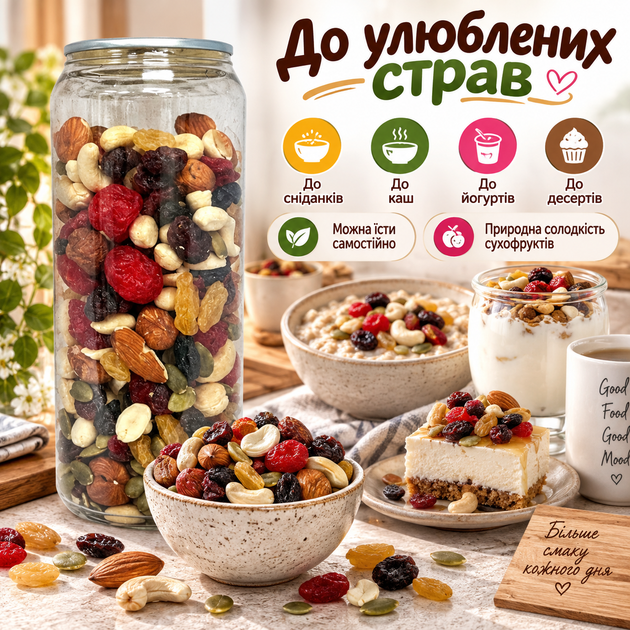 Суміш горіхів і сухофруктів 250 г натуральний мікс без зайвих домішок енергетичний снек для перекусу поживне асорті для сніданків каш йогуртів десертів - зображення 4