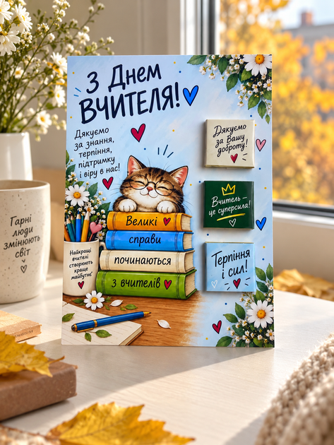 Большая открытка с 3 шоколадками на День учителя Умный котик - изображение 2