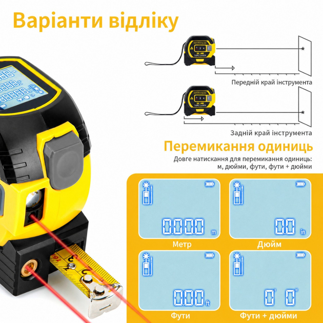 Рулетка 3в1 вимірювальна 5 м, лазерна 100 м та нівелір 90° з метричною та дюймовою системою, дисплеєм, прогумована. mod.D13335 - Фото 2 Рулетка 3в1 вимірювальна 5 м, лазерна 100 м та нівелір 90° з метричною та дюймовою системою, дисплеєм, прогумована. mod.D13335 - зображення 2