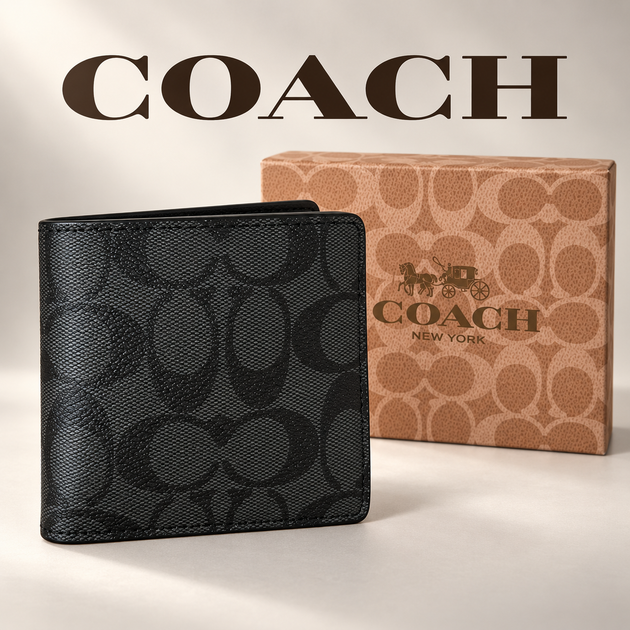Чоловічий гаманець Coach чорний з монограмою, складний гаманець Коач, портмоне Коуч у фірмовій коробці - Фото 1 Чоловічий гаманець Coach чорний з монограмою, складний гаманець Коач, портмоне Коуч у фірмовій коробці - зображення 1