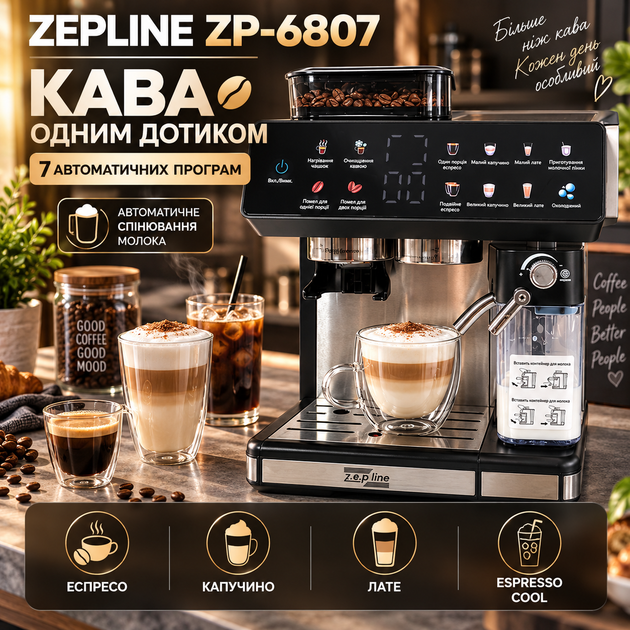 Кавомашина Zepline ZP-6807 автоматична для зернової та меленої кави 20 бар 1500 Вт з вбудованою кавомолкою 20 рівнями помелу капучинатором сенсорним дисплеєм 7 програмами Thermoblock молочником 500 мл баком 2,6 л самоочищенням підігрівом чашок - зображення 3