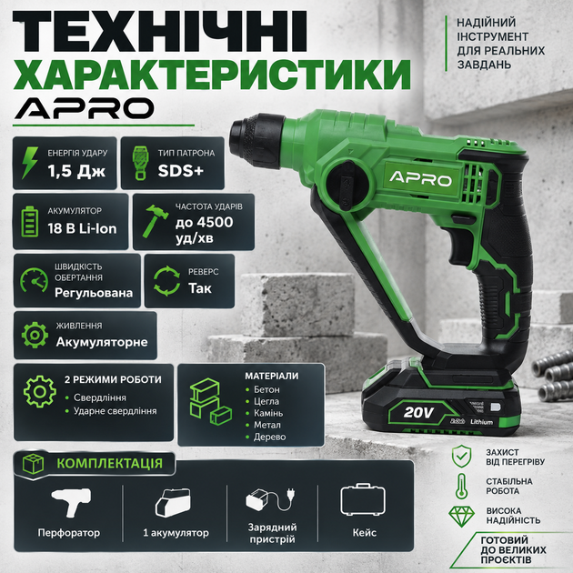 Аккумуляторный перфоратор APRO 18 В 1,5 Дж SDS+ беспроводной перфоратор до 4500 уд/мин с реверсом регулировкой оборотов 1 аккумулятором зарядным устройством и кейсом - Фото 2 Аккумуляторный перфоратор APRO 18 В 1,5 Дж SDS+ беспроводной перфоратор до 4500 уд/мин с реверсом регулировкой оборотов 1 аккумулятором зарядным устройством и кейсом - изображение 2