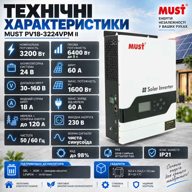 Инвертор MUST PV18-3224VPM II гибридный 3,2 кВт 24 В с MPPT контроллером 60 А чистая синусоида 230 В зарядное устройство до 120 А для солнечных батарей аккумуляторов генератора - изображение 2