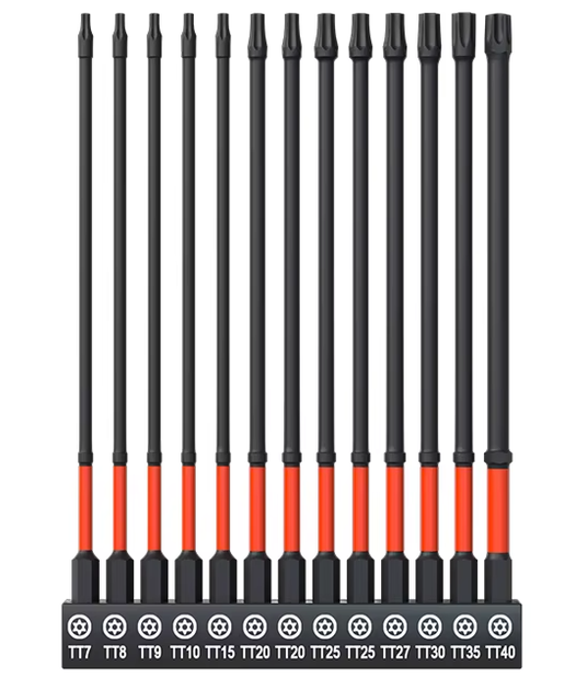 Набір біт Torx з отвором (TT) подовжених TT7–TT40 150 мм з тримачем 13 шт. (червоні) - Фото 1 Набір біт Torx з отвором (TT) подовжених TT7–TT40 150 мм з тримачем 13 шт. (червоні) - зображення 1