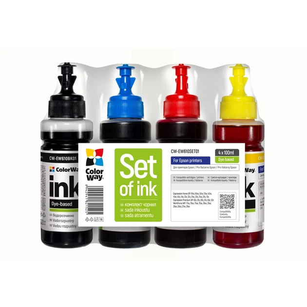 Комплект чернил ColorWay для Epson EW610 BK/C/M/Y Водорастворимые 4 x 100 ml (CW-EW610SET01) - Фото 1 Комплект чернил ColorWay для Epson EW610 BK/C/M/Y Водорастворимые 4 x 100 ml (CW-EW610SET01) - изображение 1
