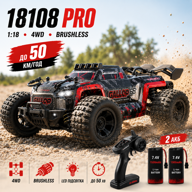 Радіокерована машинка Машинка на пульті 18108 PRO 1:18 позашляховик 4WD, 50 км/год повний привід, LED світло - зображення 10