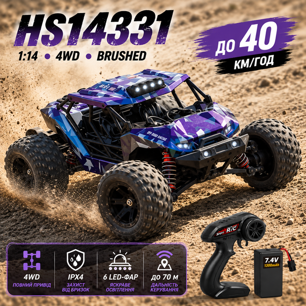 Радиоуправляемая машинка HS14331 1:14 4WD до 40 км/ч, RC трагги, бесколлекторная, Brushless, внедорожник на пульте управления, аккумулятор Li-Po - изображение 10