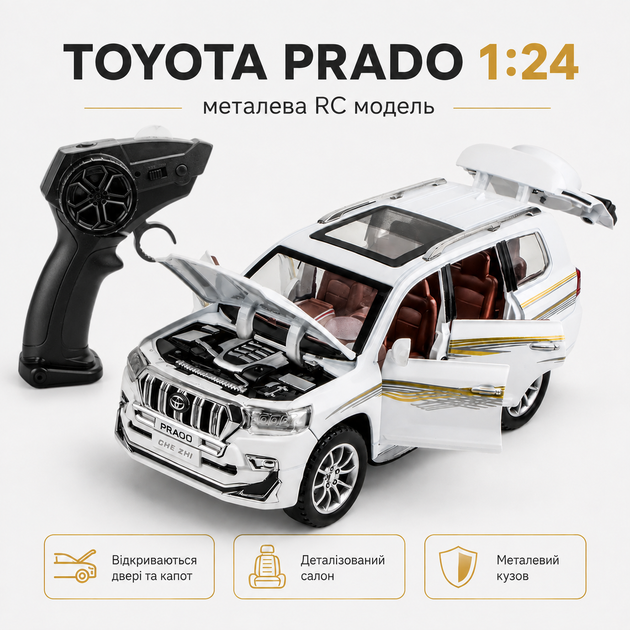 Радиоуправляемая машинка Toyota Land Cruiser Prado 1:24 — металлическая RC модель внедорожника на пульте 2.4GHz, свет, звук, аккумулятор, USB-зарядка, коллекционная машинка для детей - изображение 9
