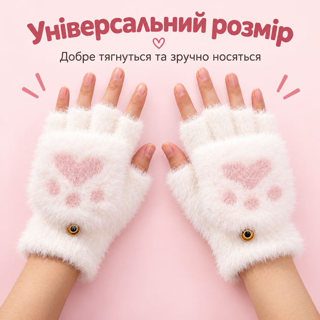 Рукавички жіночі хутряні з відкидною рукавицею, плюшеві мітенки-трансформери «Котяча лапка», one size білі KT9003008 - зображення 4