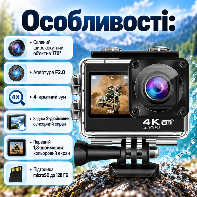 Екшн-камера MHZ Q80 4K 60fps 24MP Wi-Fi EIS 170° з водонепроникним кейсом до 30 м - зображення 3