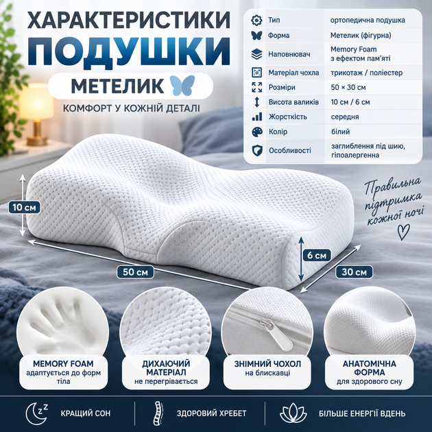 Подушка ортопедическая с эффектом памяти «Бабочка», белая - Фото 5 Подушка ортопедическая с эффектом памяти «Бабочка», белая - изображение 5