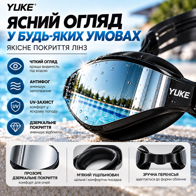 Набір для плавання YUKE: дзеркальні окуляри Anti-Fog із силіконовою шапочкою, чорні з чорним ремінцем - Фото 5 Набір для плавання YUKE: дзеркальні окуляри Anti-Fog із силіконовою шапочкою, чорні з чорним ремінцем - зображення 5