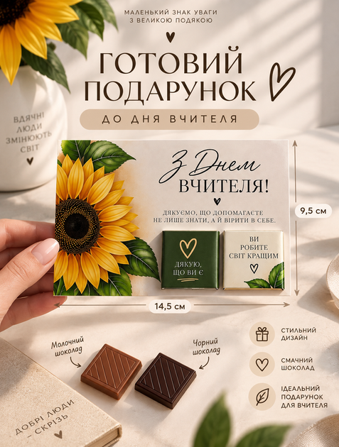 Открытка с 2 шоколадками на День учителя Подсолнух - Фото 1 Открытка с 2 шоколадками на День учителя Подсолнух - изображение 1