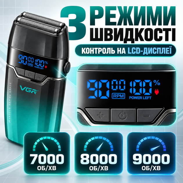 Профессиональный аккумуляторный шейвер электробритва VGR V-308 для мужчин, сеточная бритва с 3 скоростями до 9000 об/мин, LCD-дисплеем, 150 мин работы, зеленый - изображение 3