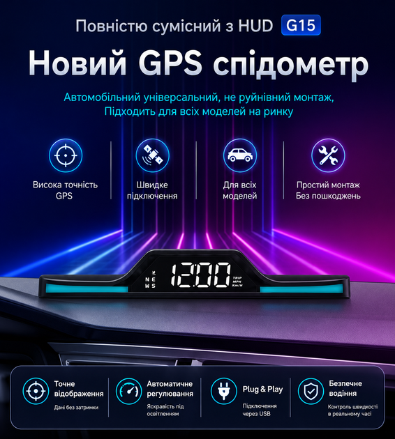 Универсальный автомобильный GPS-спидометр HUD G15 - Цифровой дисплей скорости, компас, часы, счетчик пробега - изображение 5