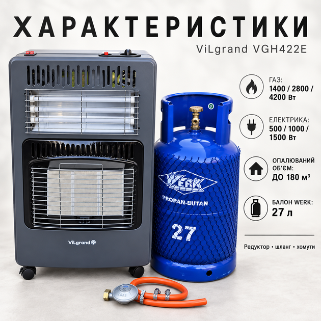 Газово-електричний інфрачервоний обігрівач ViLgrand VGH422E 4200/1500 Вт з балоном 27 л, редуктором і шлангом - зображення 2