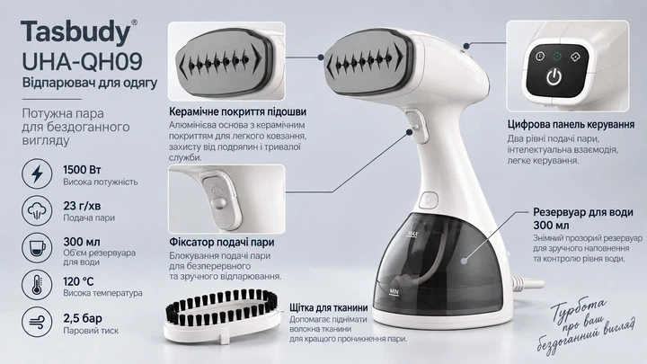 Профессиональный ручной отпариватель для одежды Tasbudy UHA-QH09 (белый, 1500W, 120°C, 2.5 бар, керамическая подошва, резервуар 300 мл) - изображение 12