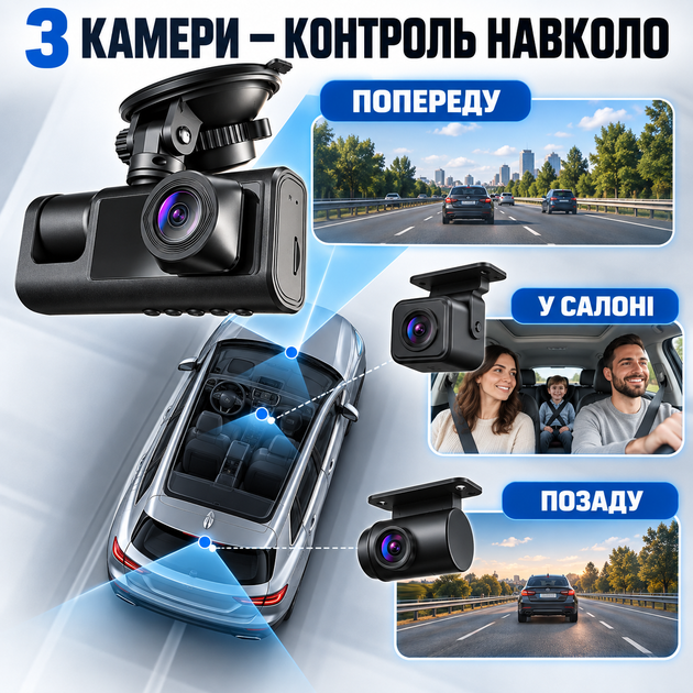 Автомобильный видеорегистратор с тремя камерами 1296P Full HD+, G-Sensor, ночной съемкой, циклической записью, микрофоном и дисплеем, черный - Фото 2 Автомобильный видеорегистратор с тремя камерами 1296P Full HD+, G-Sensor, ночной съемкой, циклической записью, микрофоном и дисплеем, черный - изображение 2