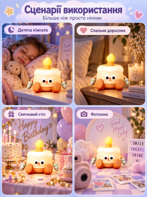 Ночник детский силиконовый музыкальный LED светильник аккумуляторный беспроводная ночная лампа в форме торта с мелодией Happy Birthday настольный для сна ребенка младенца мальчика девочки в кроватку спальню подарок на день рождения светодиодный сенсорный - изображение 3