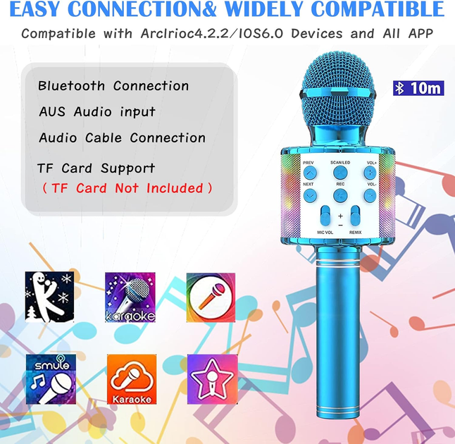 Беспроводной караоке-микрофон KEMU с Bluetooth-колонкой, AUX 3,5 мм, TF-картой, Android/iOS, синий - изображение 5