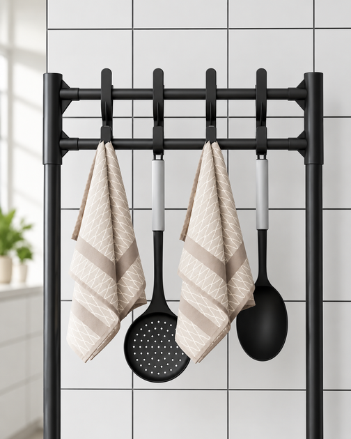 Кухонний стелаж-етажерка на колесах 5 полиць із гачками 42×34×152 см, чорний - Фото 7 Кухонний стелаж-етажерка на колесах 5 полиць із гачками 42×34×152 см, чорний - зображення 7