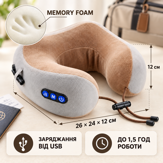 Масажна подушка для шиї U-Shaped Massage Pillow з підігрівом, вібрацією та роликами Shiatsu, Memory Foam, USB - Фото 4 Масажна подушка для шиї U-Shaped Massage Pillow з підігрівом, вібрацією та роликами Shiatsu, Memory Foam, USB - зображення 4