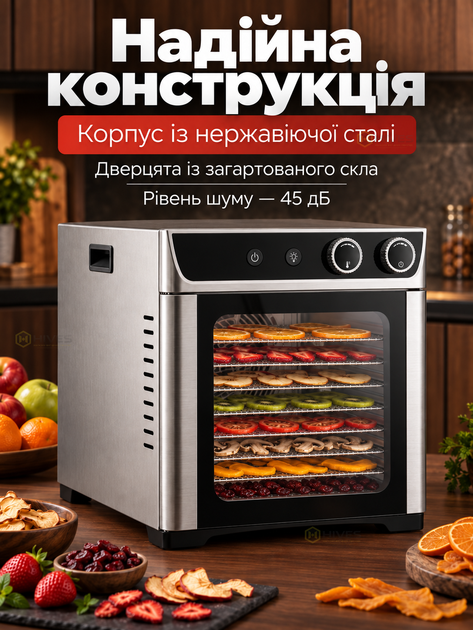 Дегидратор сушилка для овощей и фруктов 800 Вт 25 л на 8 поддонов, электросушилка для пастилы, мяса, ягод 20–90 °C - изображение 5