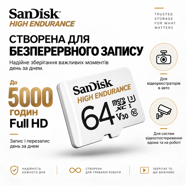 Карта пам’яті SanDisk High Endurance microSDXC 64GB UHS-I U3 V30 Class 10 для відеореєстратора 4K + SD адаптер - зображення 3