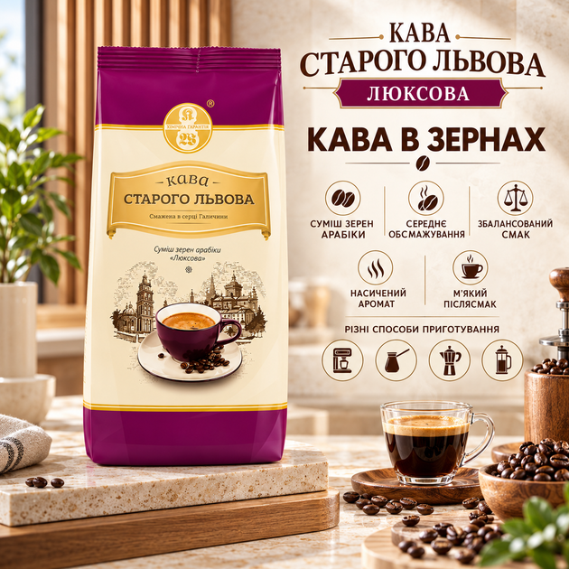 Кава в зернах 1000 г Старого Львова Люксова зернова кава суміш арабіки середнього обсмаження насичений аромат збалансований смак для кавомашини турки гейзерної кавоварки пуровера френч-преса - Фото 1 Кава в зернах 1000 г Старого Львова Люксова зернова кава суміш арабіки середнього обсмаження насичений аромат збалансований смак для кавомашини турки гейзерної кавоварки пуровера френч-преса - зображення 1