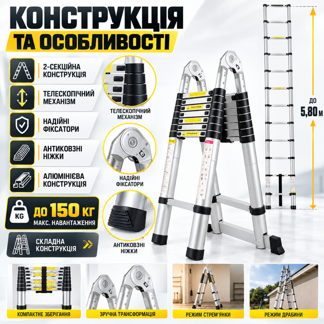 Телескопическая лестница стремянка 5,80 м алюминиевая 2 секции раскладная 3в1 150 кг раздвижные приставные ступени 2,9 плюс 2,9 м для строительства ремонта дома крыши сада монтажа высотных работ - Фото 2 Телескопическая лестница стремянка 5,80 м алюминиевая 2 секции раскладная 3в1 150 кг раздвижные приставные ступени 2,9 плюс 2,9 м для строительства ремонта дома крыши сада монтажа высотных работ - изображение 2
