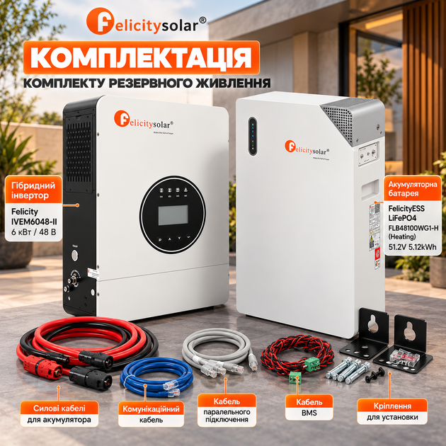 Гибридный инвертор Felicity IVEM6048-II 6 кВт + Аккумуляторная батарея FelicityESS LiFePO4 FLB48100WG1-H (Heating) 51.2V 5.12kWh для дома - изображение 4