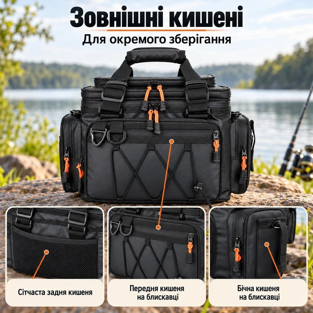 Рибальська водостійка сумка для снастей, котушок та приманок (39х23х26-36 см) - зображення 8