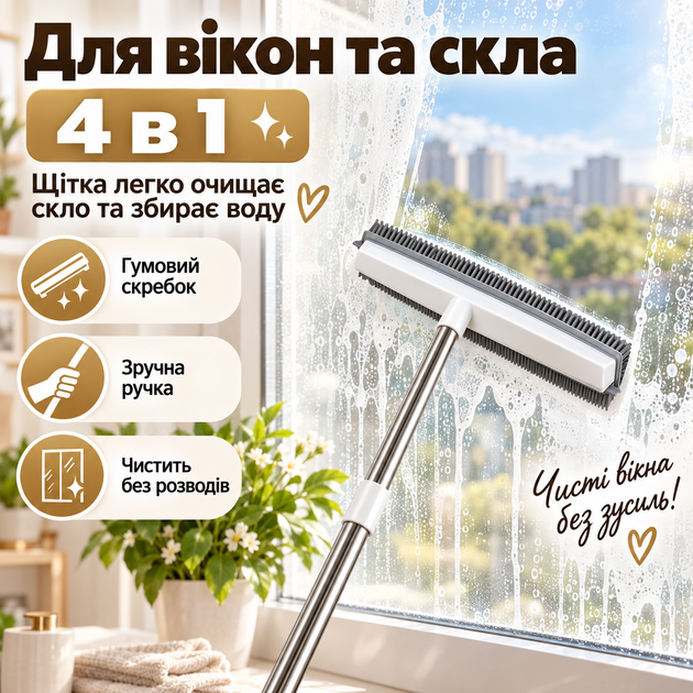 Универсальная резиновая щётка-швабра 4 в 1 для пола, ковров, шерсти и окон, нержавеющая ручка KT9005111 - изображение 5