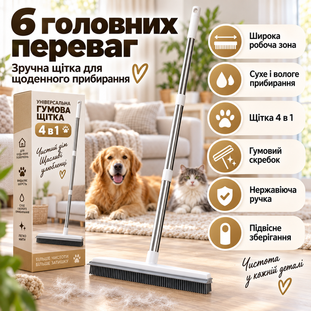 Универсальная резиновая щётка-швабра 4 в 1 для пола, ковров, шерсти и окон, нержавеющая ручка KT9005111 - изображение 8