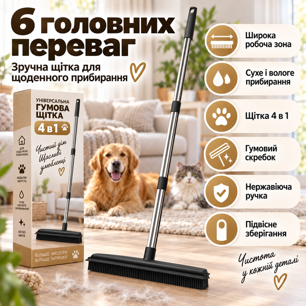 Гумова універсальна щітка-швабра 4 в 1 для підлоги, килимів, шерсті та вікон, ручка з нержавіючої сталі KT9005112 - Фото 3 Гумова універсальна щітка-швабра 4 в 1 для підлоги, килимів, шерсті та вікон, ручка з нержавіючої сталі KT9005112 - зображення 3