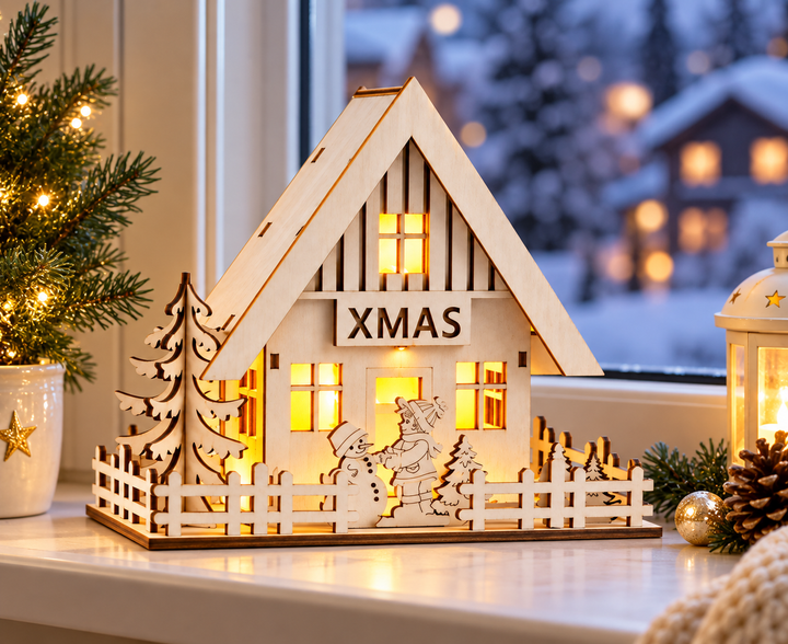 Новогодний деревянный домик LIV&BO с LED-подсветкой, 18×16x9 см, теплый белый свет - изображение 2
