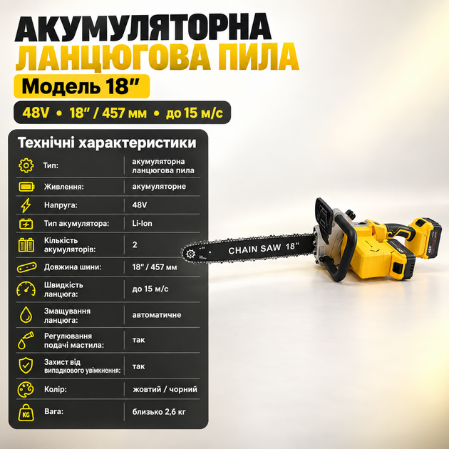 Ручна акумуляторна пила для розпилювання дерева з двома акумуляторами безщіткова ланцюгова пила для дачі з регулюванням подачі мастила 48V потужна пила з шиною 18 дюймів - Фото 2 Ручна акумуляторна пила для розпилювання дерева з двома акумуляторами безщіткова ланцюгова пила для дачі з регулюванням подачі мастила 48V потужна пила з шиною 18 дюймів - зображення 2