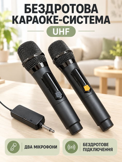 Портативная беспроводная караоке-система UHF на 2 аккумуляторных микрофона с приемником и зарядкой USB-C для вокала и караоке черная (37261121) - изображение 2